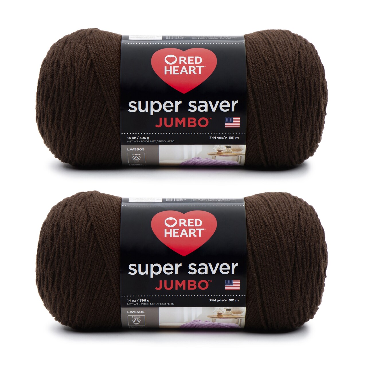 Red Heart Super Saver Jumbo Coffee Yarn - 2 Pack of 396g/14oz - Acrylic - 4 Medium (Worsted) - 744 Yards - Knitting/Crochet